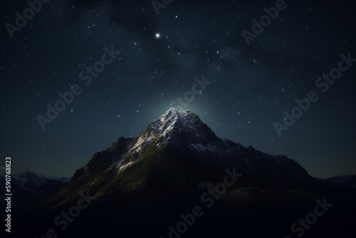Nighttime Serenity: Snowy Mountain Summit Under Starry Skies © artefacti