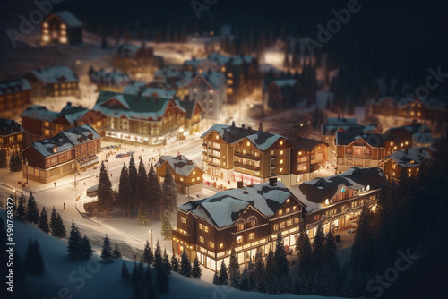 Aerial view of a snowy mountain resort at night with glowing houses and streets