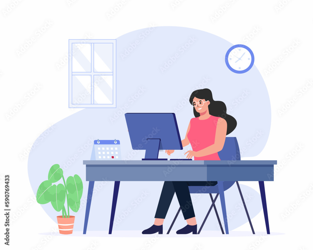 Young woman sits at a table and working on the computer concept of Distance learning concept, e-learning, remote work from home. Young woman sits at a table and working on the computer concept of Distance learning concept, e-learning, remote work from home.