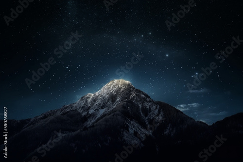 Nighttime Serenity: Snowy Mountain Summit Under Starry Skies