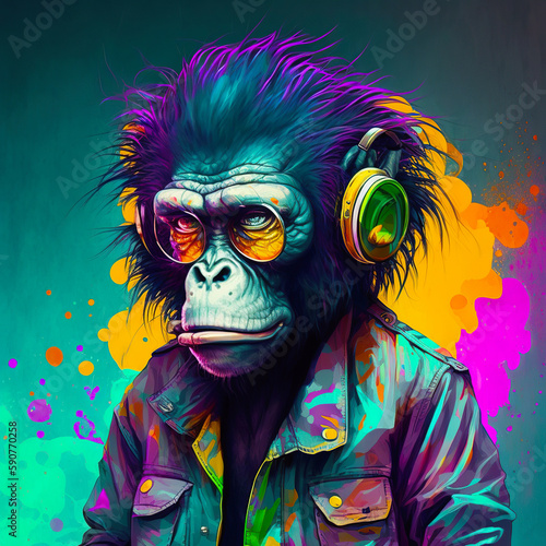 Cartoon monkey with sunglasses nft style, Created with generative A