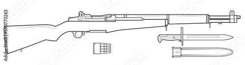 Vector illustration of the M1 Garand rifle and equipment such as a bayonet N1905, bayonet sheath and cartridge clip on the white background. Right side.