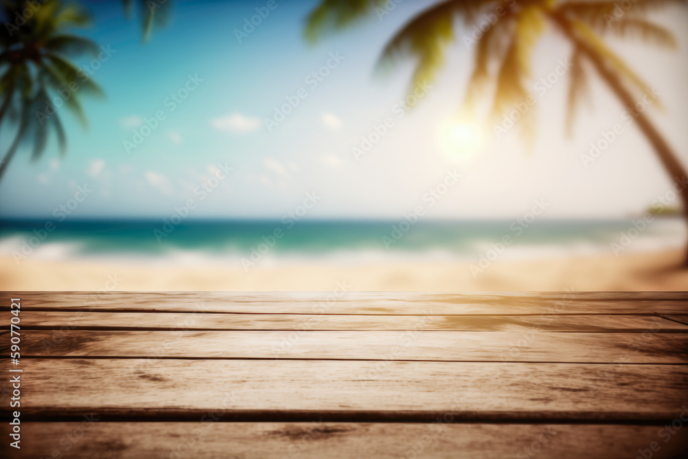 Empty wooden table top, product display, showcase stage on tropical summer beach background. Generative AI.