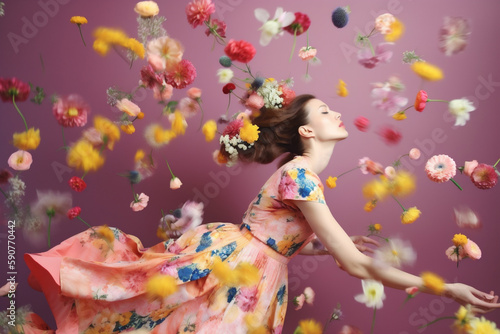 woman art spring peony make-up flying falling fashion flower beauty colorful. Generative AI.