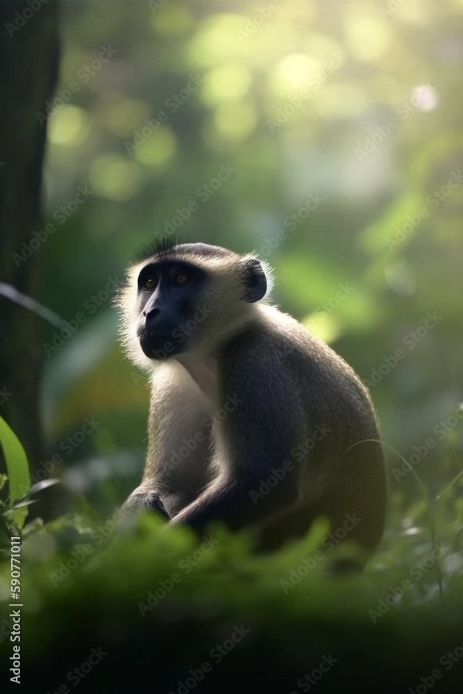 Fototapeta premium Tiny monkey exploring lush rainforest foliage