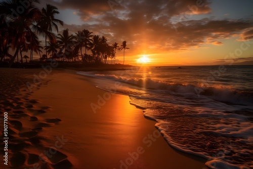 Sunset on the beach. Paradise beach. Tropical paradise, white sand, beach, palm trees and clear water. Generative Ai.