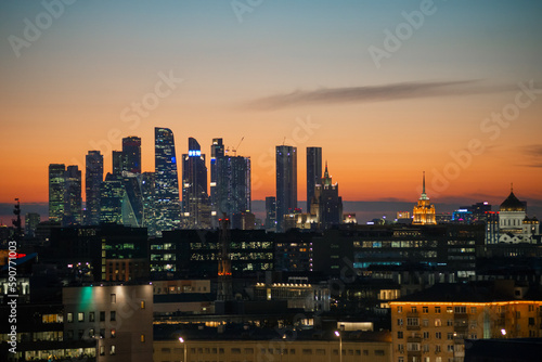 Moscow city skyscrapers in the sunset