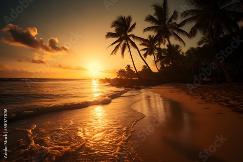 Sunset on the beach. Paradise beach. Tropical paradise, white sand, beach, palm trees and clear water. Generative Ai.