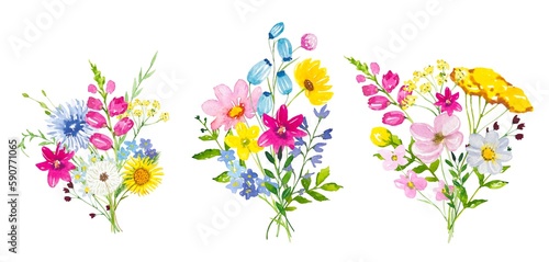 Set of bouquets with meadow flowers and leaves. Watercolor