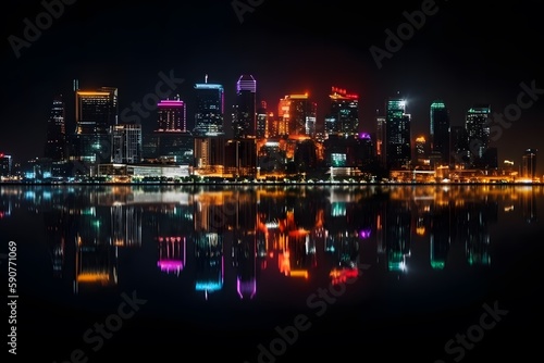 A city skyline at night with colorful lights and reflections on the water. Business District Background. Generative Ai. © ckybe