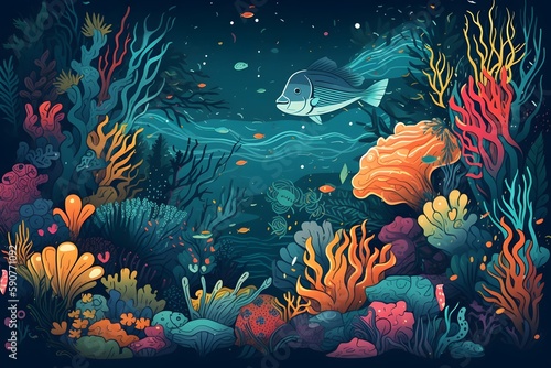 underwater world filled with colorful coral reefs and exotic sea creatures, perfect for use in educational materials or travel brochures. generative ai.
