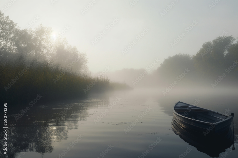 Serene Solitude: A Lone Rowboat on a Misty Morning Lake