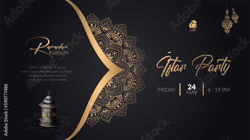 Ramadan Kareem Iftar Party Banner Invitation Card Mandala Design Template