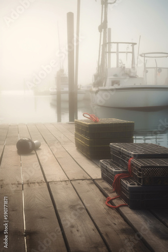 Misty Morning on the Pier: Fishing Gear and Boats