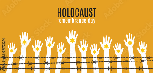 Holocaust Remembrance Day. Human hands with a yellow star of David behind barbed wire. Vector illustration.
