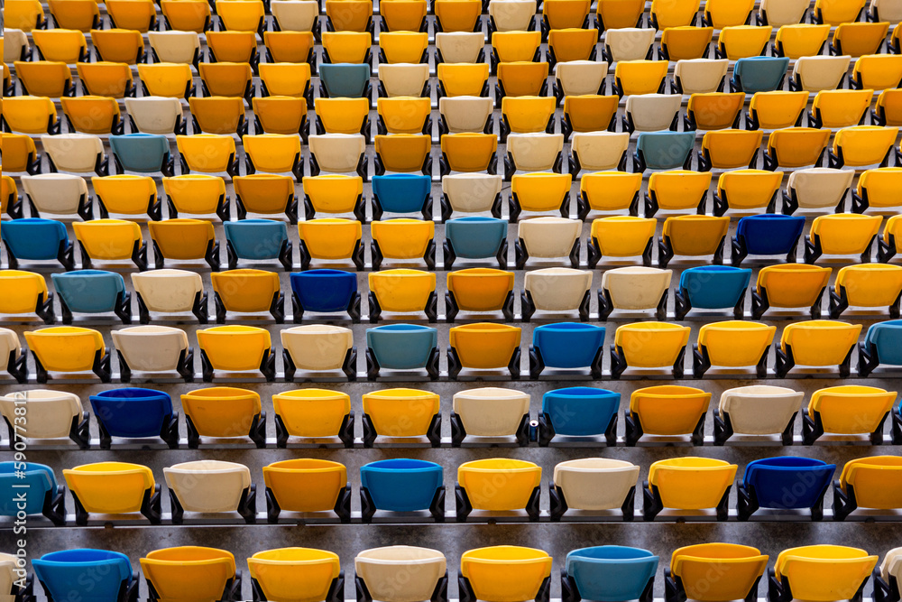 Fototapeta premium Football and soccer stadium empty tribune colorful seats