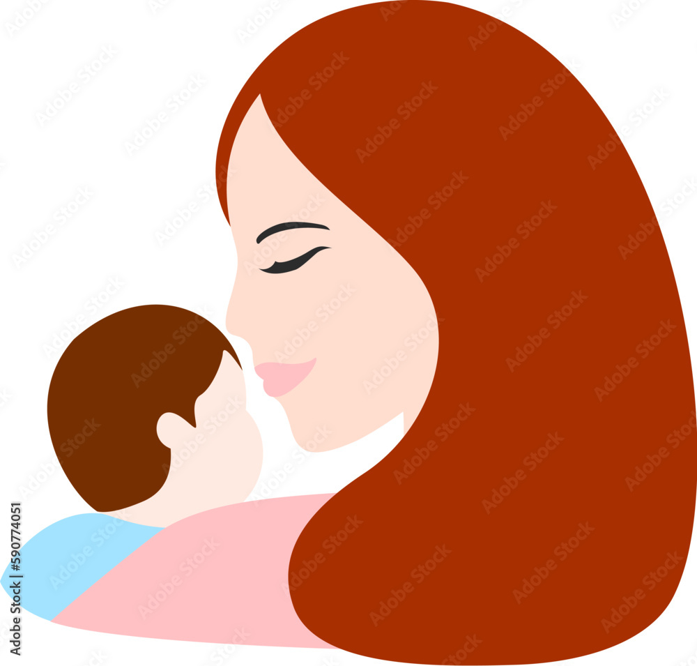 Mother holding baby in arms. Happy mothers day. Vector illustration for greeting card, poster, banner.
