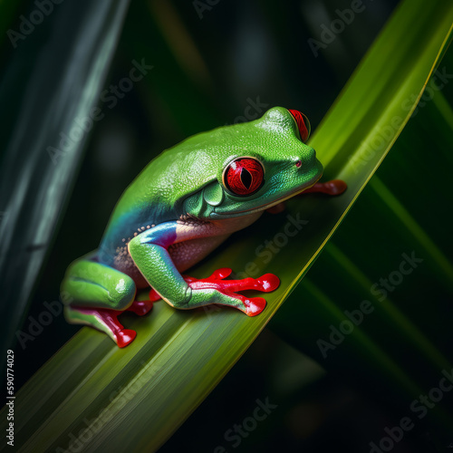 Agalychnis callidryas red-eyed frog in the jungle on top of a palm leaf generative ai	