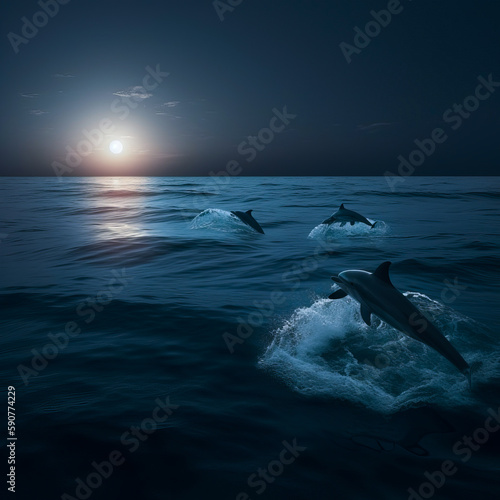 dolphin swimming in the ocean by the light of the full moon generative ai 