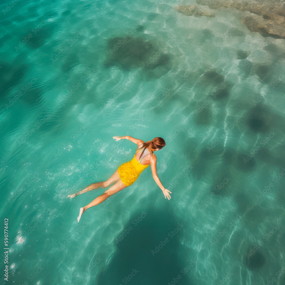 young girl swimming in the crystal clear waters of the caribbean sea generative ai