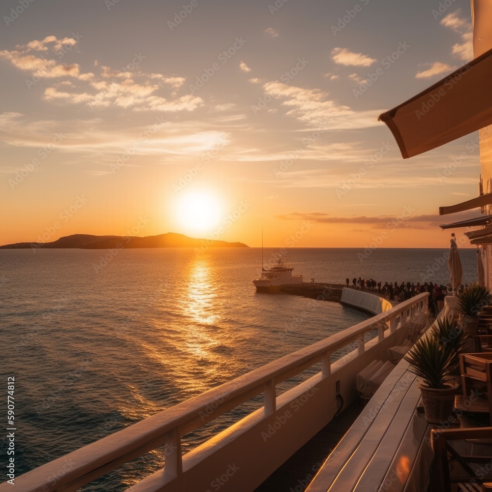 sunset in Ibiza from the sea cafe. Vacation concept
