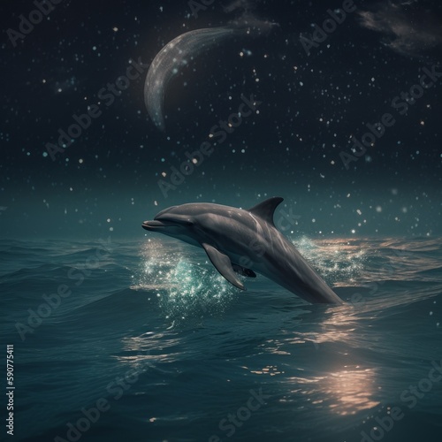 dolphin swimming in the ocean by the light of the full moon