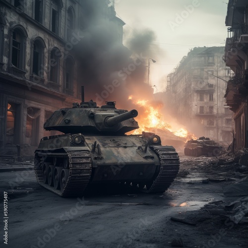 army tank in a city razed in a war. Generative AI