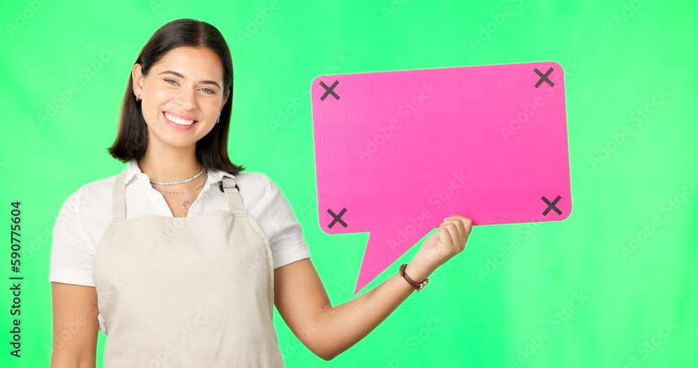 Speech bubble, woman and face with marketing on green screen, mockup space and social media branding. Logo promo, tracking markers and female in portrait with smile, advertising on studio background Speech bubble, woman and face with marketing on green screen, mockup space and social media branding. Logo promo, tracking markers and female in portrait with smile, advertising on studio background
