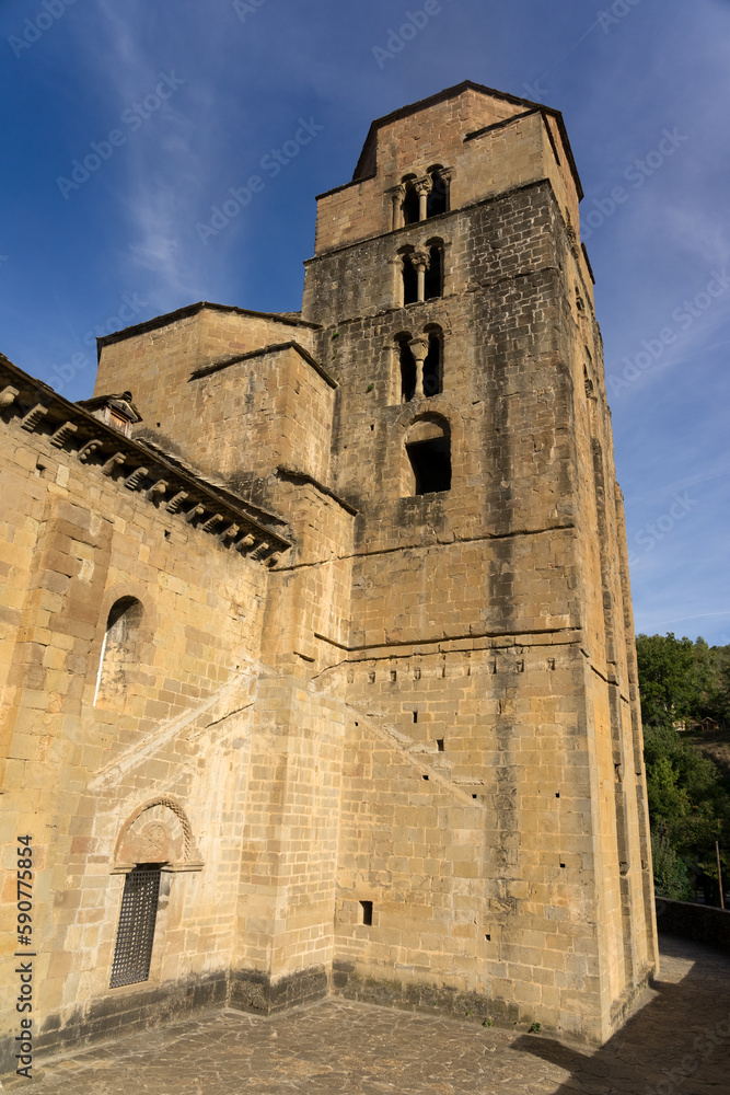 Santa Maria romanesque church in the beautiful village of Santa Cruz de la Seros in a sunny day in Huesca, Aragón, Spain.