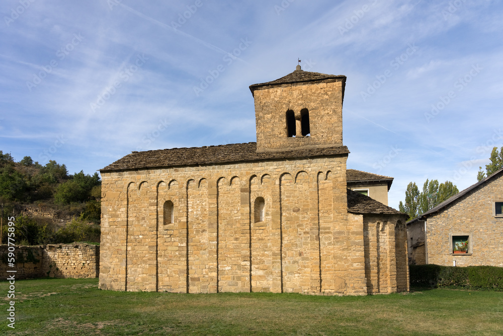 San Caprasio romanesque church in the beautiful village of Santa Cruz de la Seros in a sunny day in Huesca, Aragón, Spain.