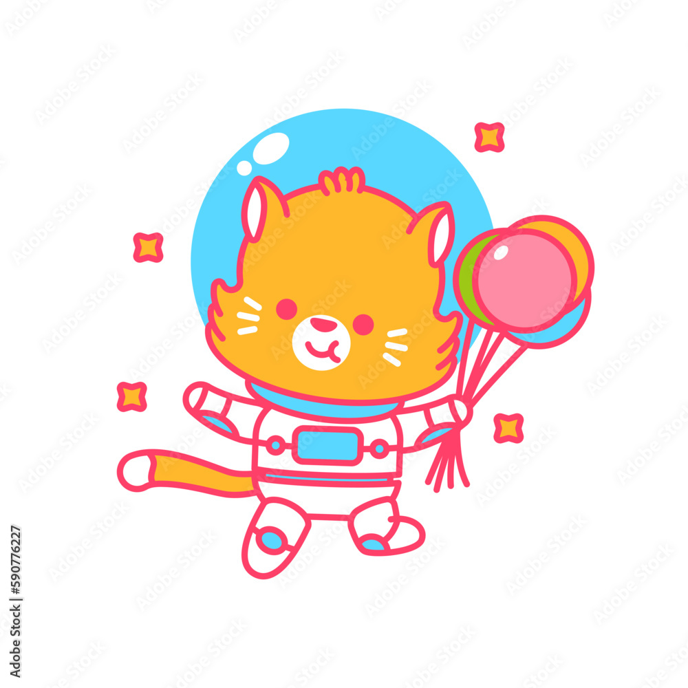 Cute cat cosmonaut in space with balloon vector cartoon character isolated on a white background.