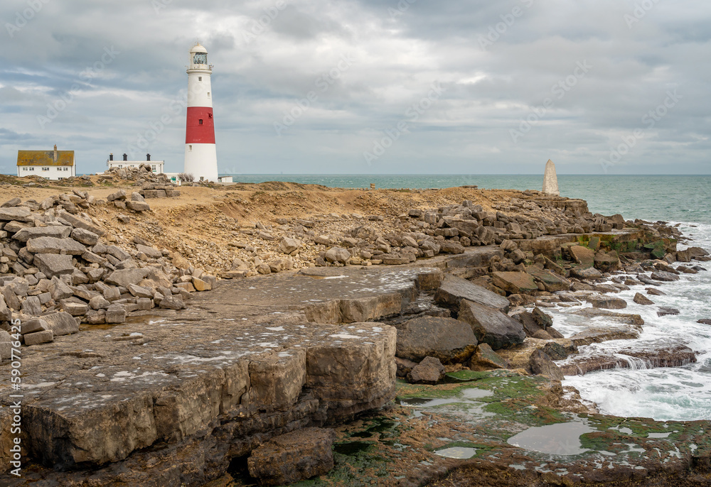 Portland Bill Lighthouse on the Isle of Portland seen from the Pulpit Rock