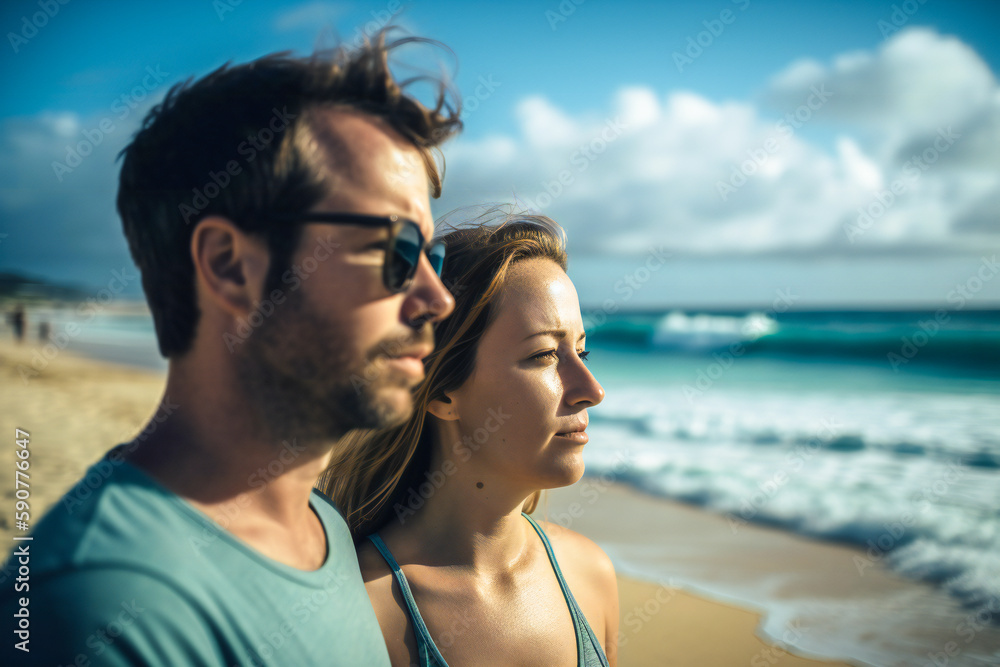 Smiling young couple on the beach in a windy day. Created with Generative AI technology.