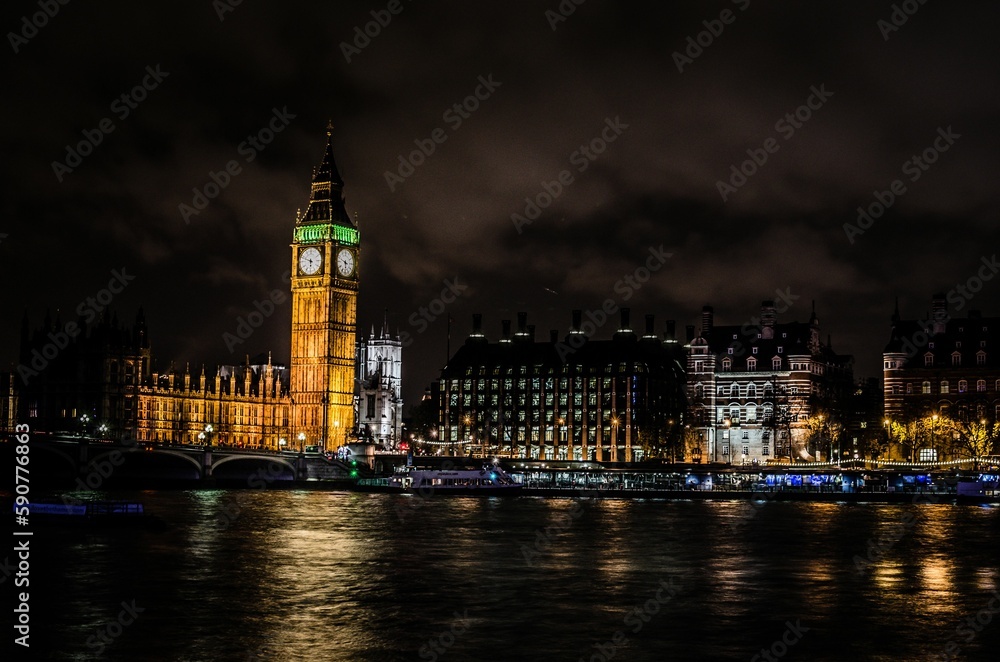 Scenic shot of the Big Ben on the bank of the Thames in London at night