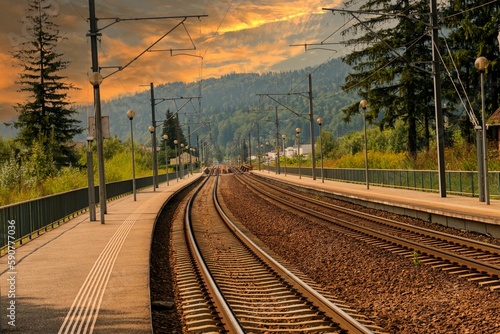 Railroad in a mountainous area on the sunset