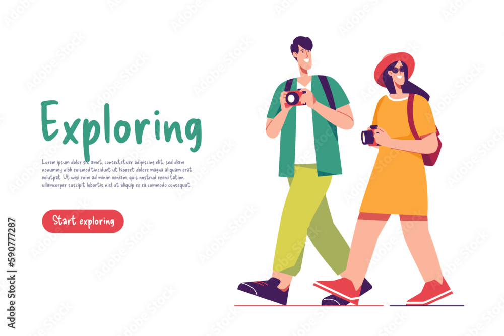 Vector illustration of a couple of walking tourists travelers with backpacks taking photo