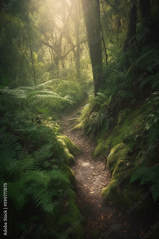 Fototapeta premium Wandering through the Lush Rainforest: A Path Less Traveled