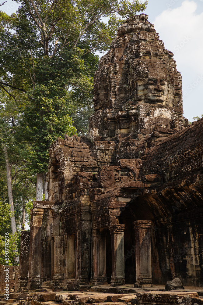 Ruins of Bayon Temple in Angkor wat in Siem Reap, Cambodia