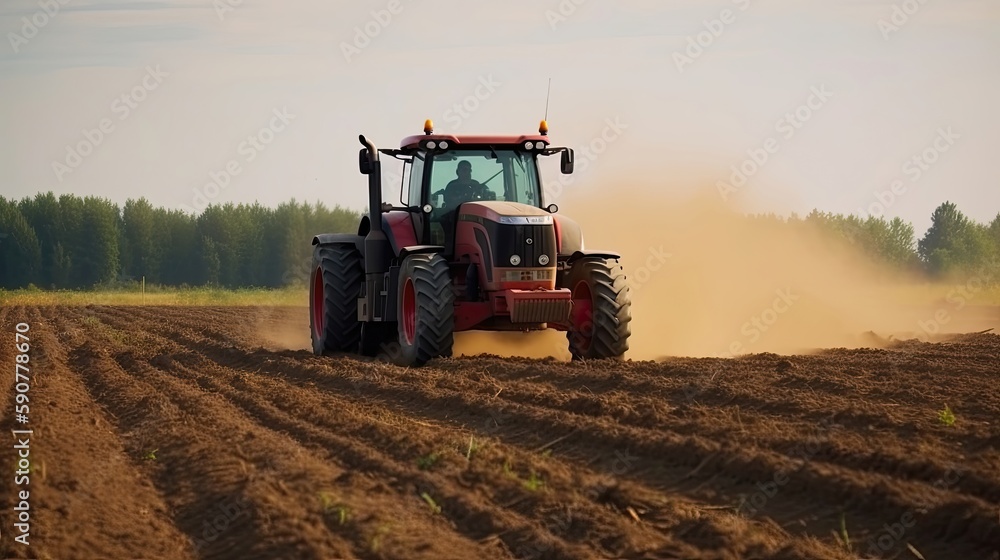 Farm tractor in a field plowing the land. Generative AI