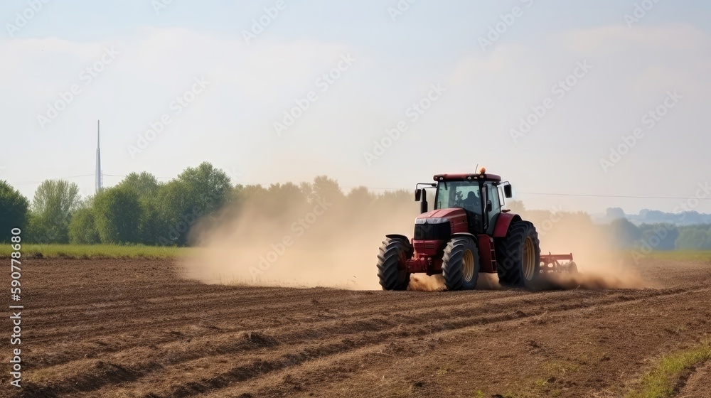 Farm tractor in a field plowing the land. Generative AI Farm tractor in a field plowing the land. Generative AI