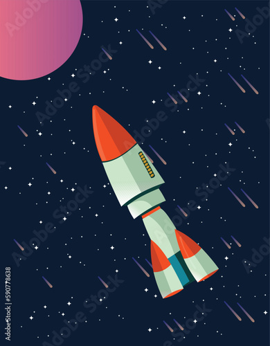 Vector illustration of a rocket flying in space.