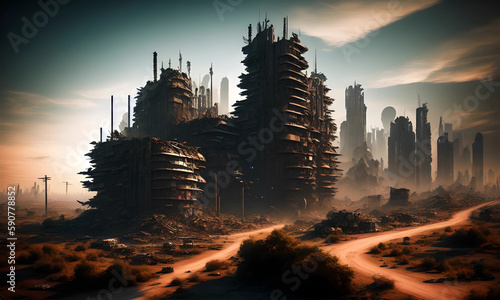 Post-apocalyptic cityscape in the afternoon