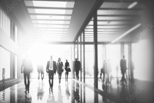 Blurred business people meeting in office interior with space for business banner g background design