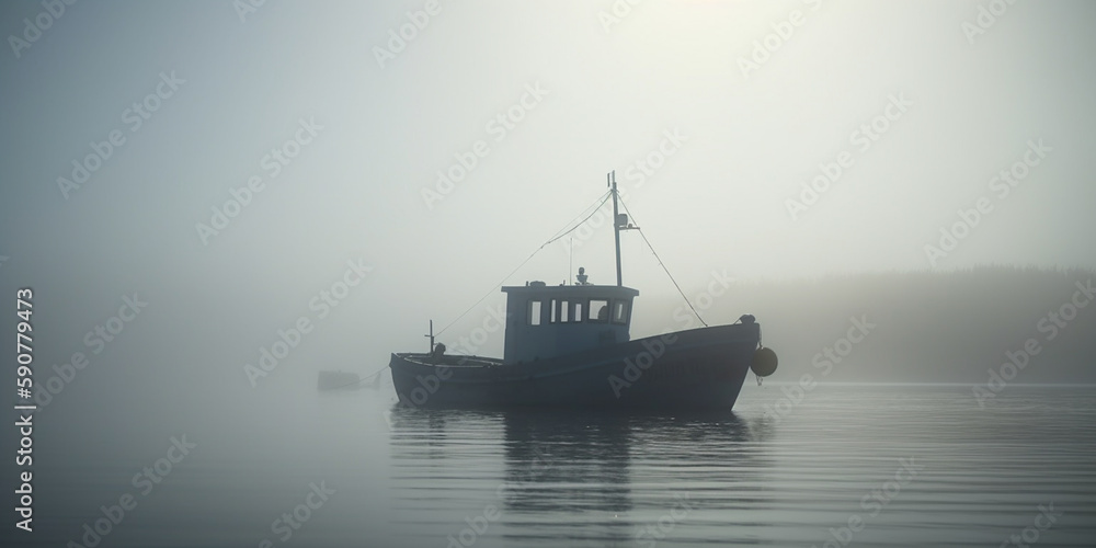 Fototapeta premium Morning Mist on the Ocean: A Fisherboat at Sunrise