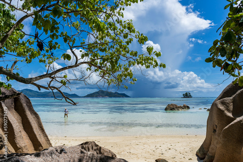 Fototapeta Naklejka Na Ścianę i Meble -  La Digue Island has several beautiful beaches that are perfect for swimming, sunbathing, and relaxing. The beaches are usually uncrowded and offer a peaceful and tranquil atmosphere.