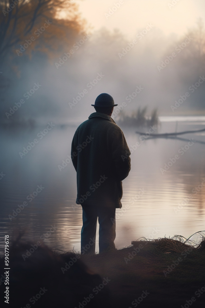 Early Morning Angler Contemplating the Foggy Lake at the Shore