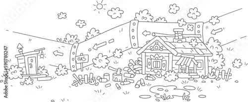 Giant magistral gas pipeline and an old village house with stove heating surrounded by chopped firewood for a long cold winter, black and white outline vector cartoon illustration