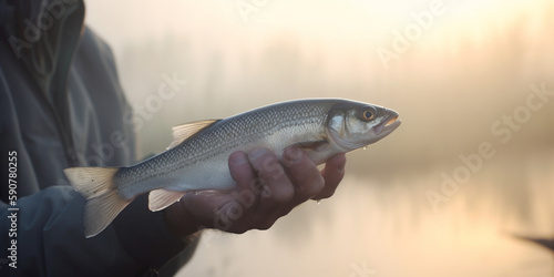 Morning Catch: Proud Angler Holding Fresh Fish in the Misty Fog