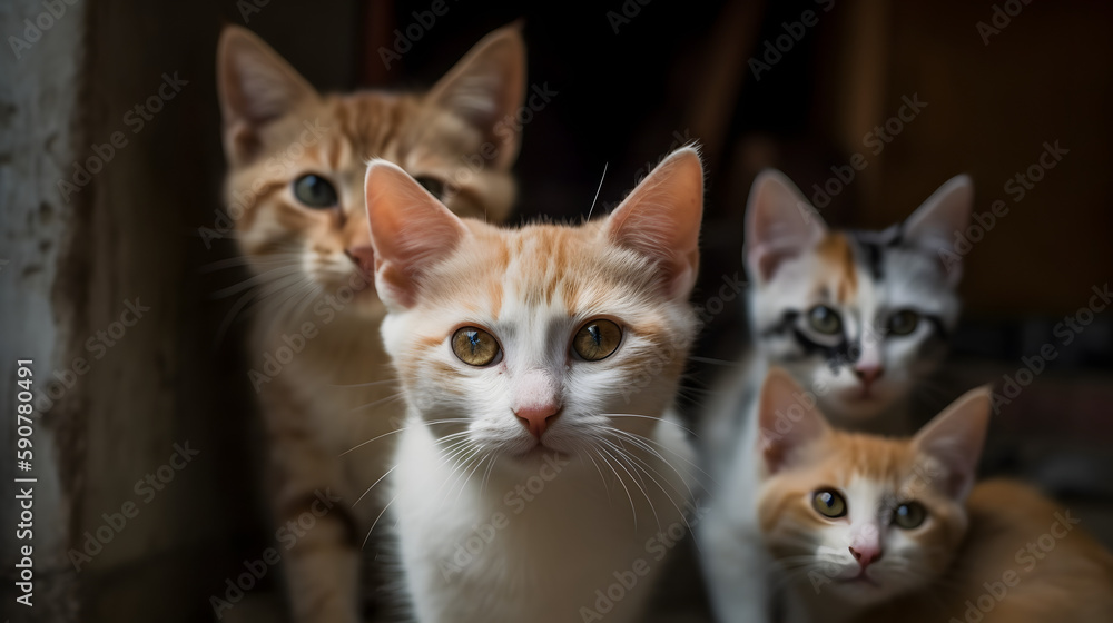 Ai-generated, portrait of cats, animal, kitten, pet, cute, feline, domestic, pets, kittens, fur, young, white, eye, cats, nature, kitty, portrait, eyes, two, mammal, black, animals, tabby, love, 