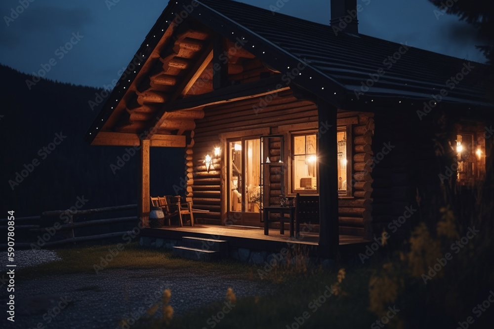 Enchanting Nighttime View of a Cozy Wooden Cabin in the Mountains